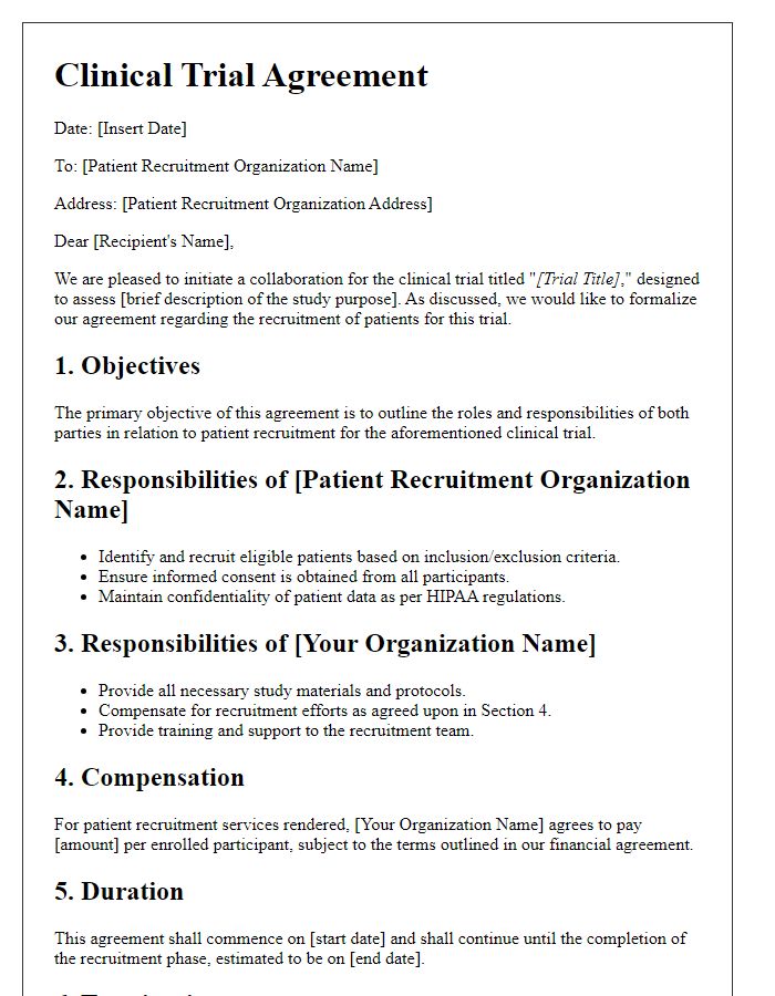 Letter template of clinical trial agreement for patient recruitment organizations