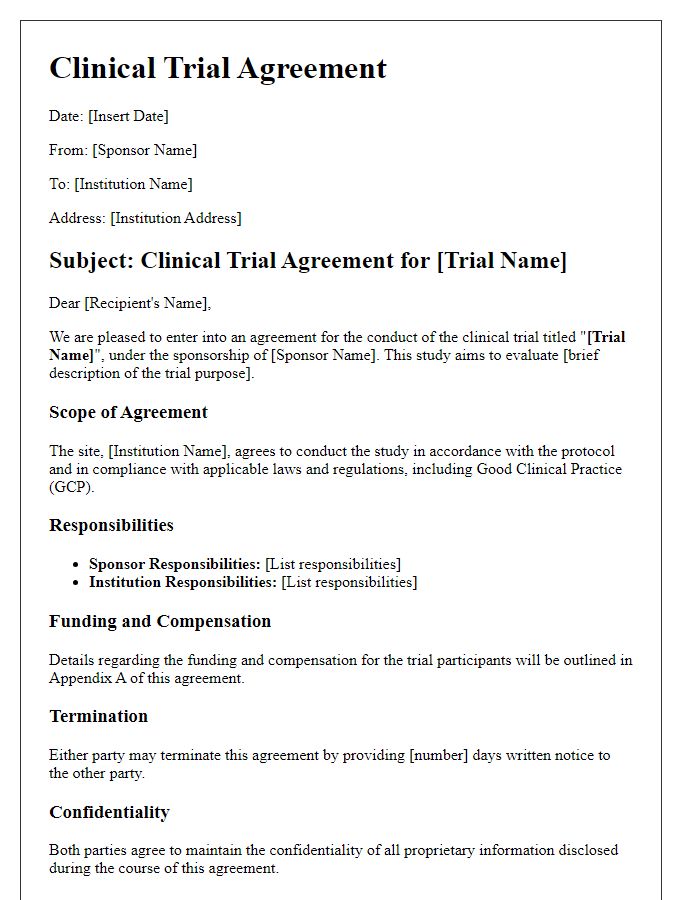 Letter template of clinical trial agreement for sponsor-initiated trials