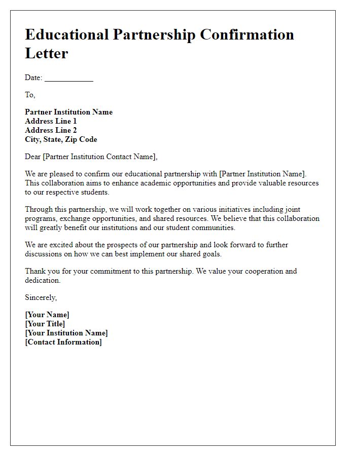 Letter template of educational partnership confirmation