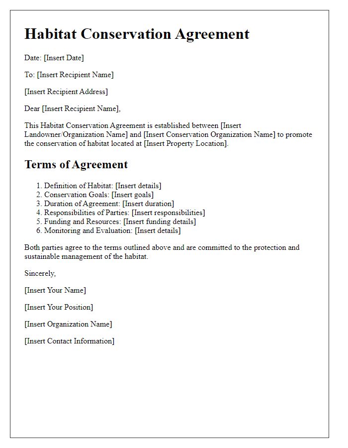 Letter template of habitat conservation agreement