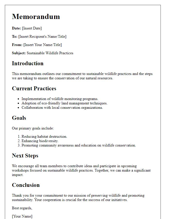 Letter template of sustainable wildlife practices memorandum