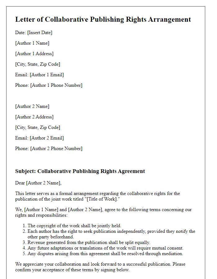 Letter template of collaborative publishing rights arrangement