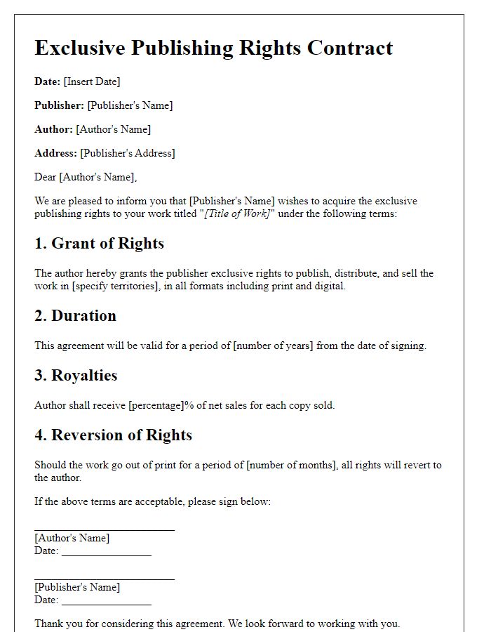 Letter template of exclusive publishing rights contract