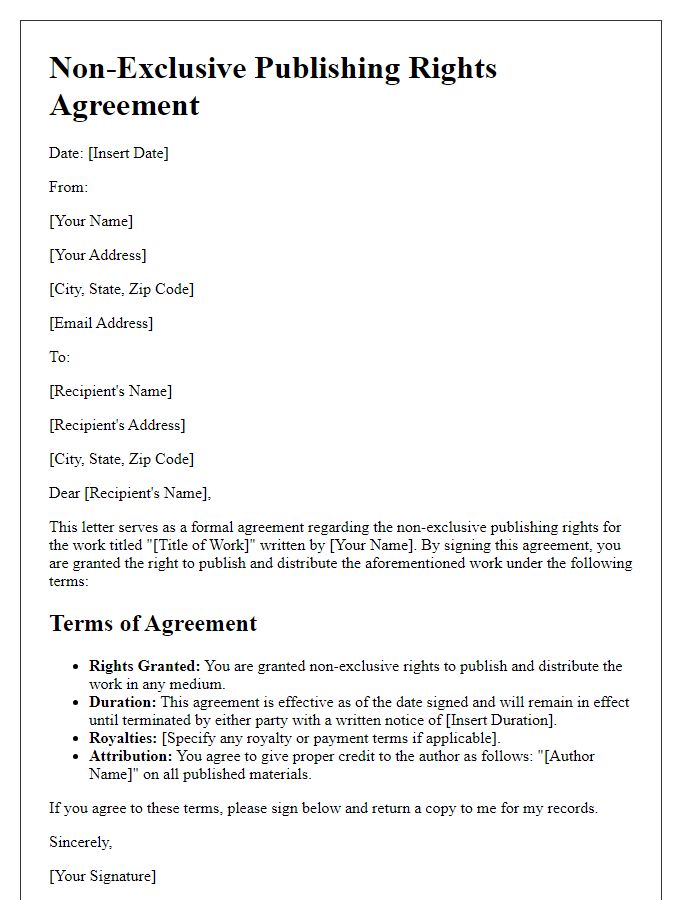 Letter template of non-exclusive publishing rights agreement