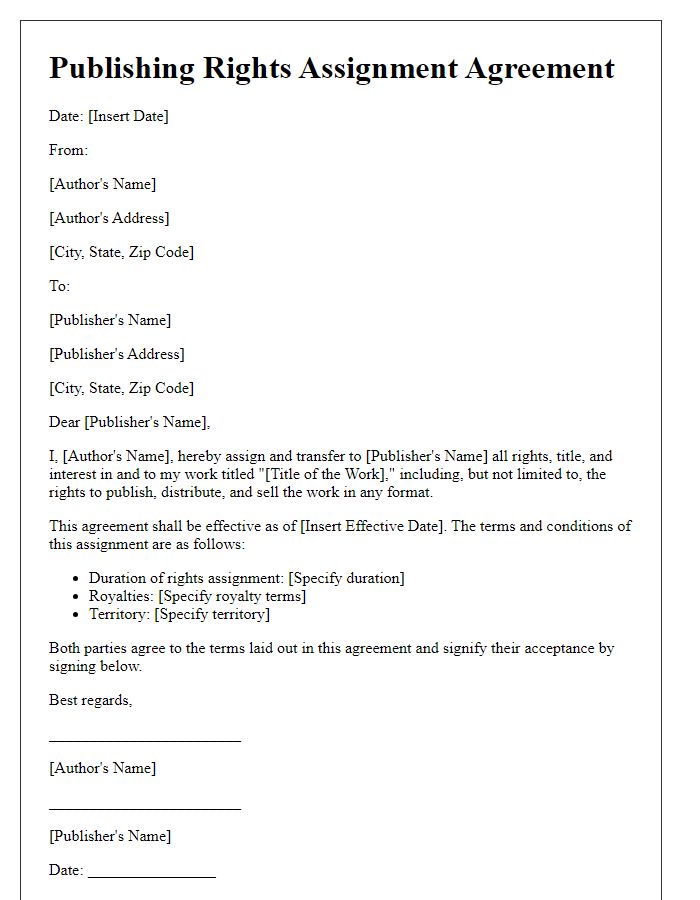 Letter template of publishing rights assignment agreement