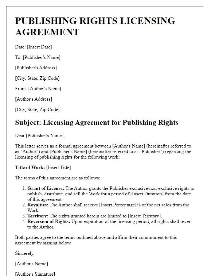 Letter template of publishing rights licensing agreement