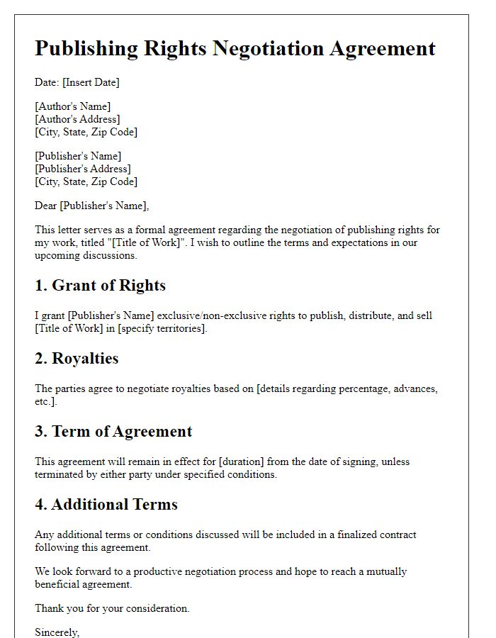 Letter template of publishing rights negotiation agreement