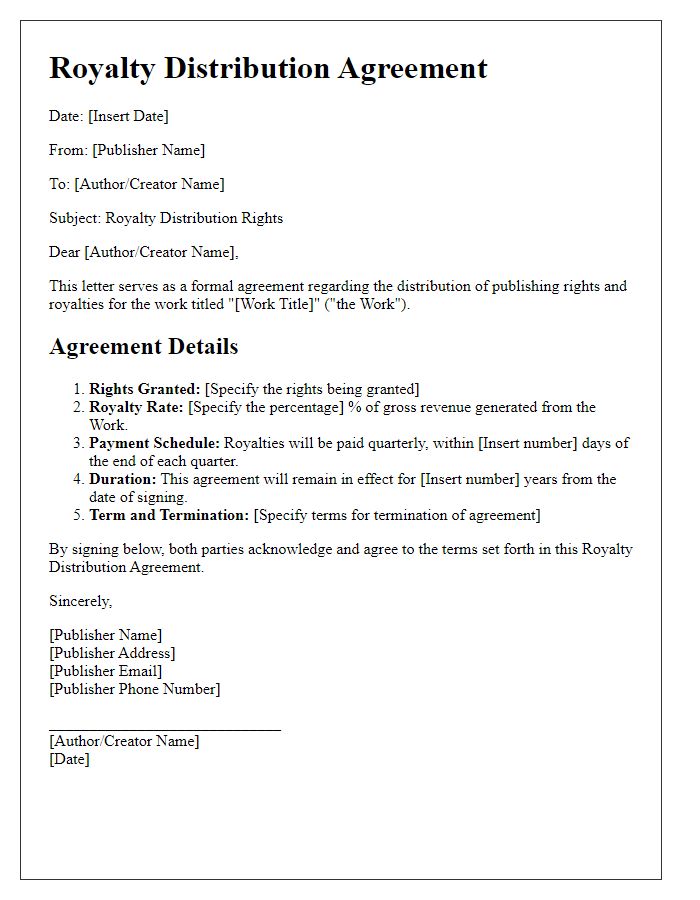 Letter template of publishing rights royalty distribution agreement