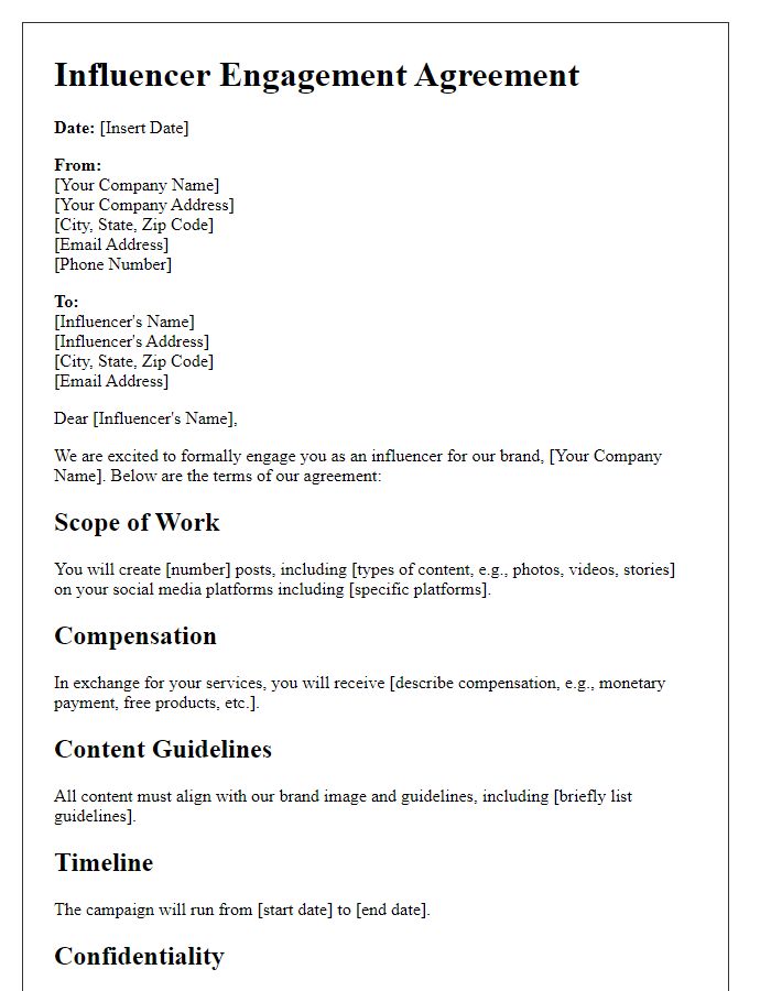 Letter template of Influencer Engagement Agreement for Social Media