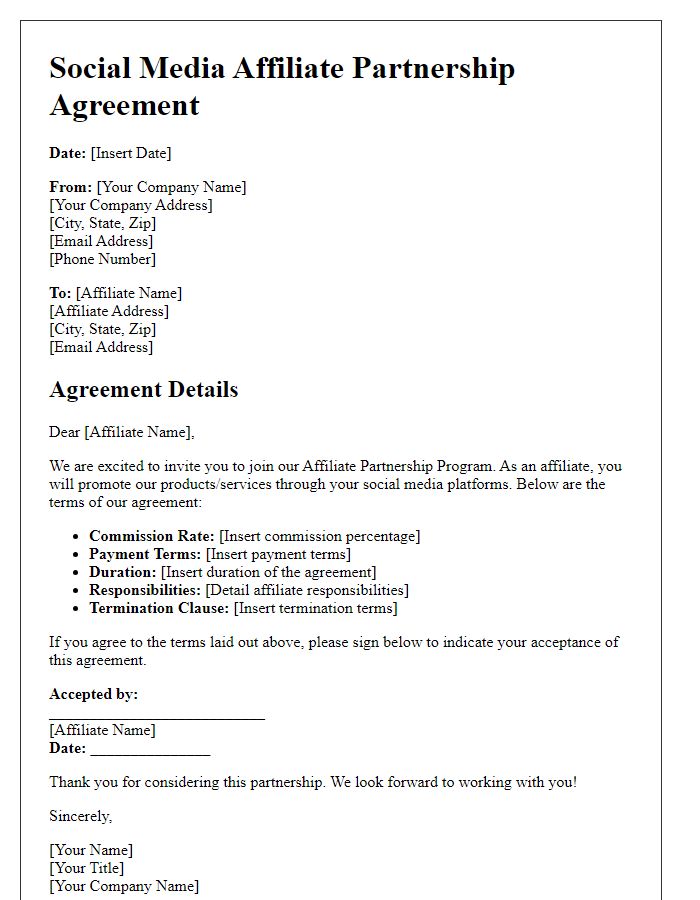 Letter template of Social Media Affiliate Partnership Agreement