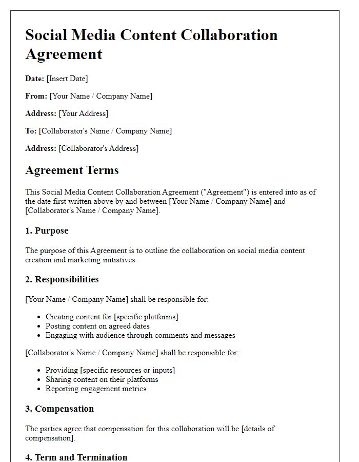 Letter template of Social Media Content Collaboration Agreement