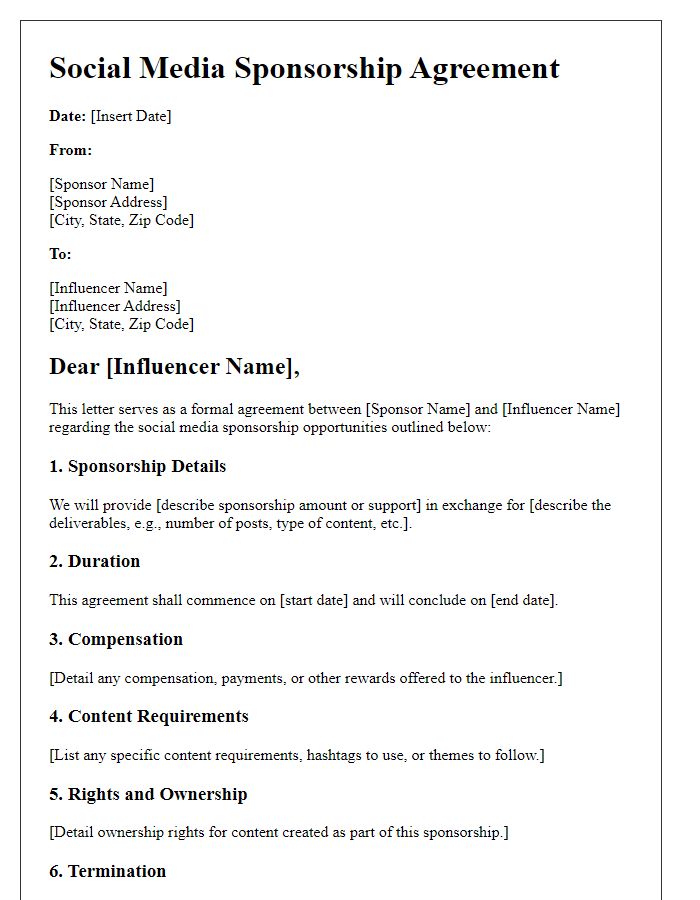 Letter template of Social Media Sponsorship Agreement