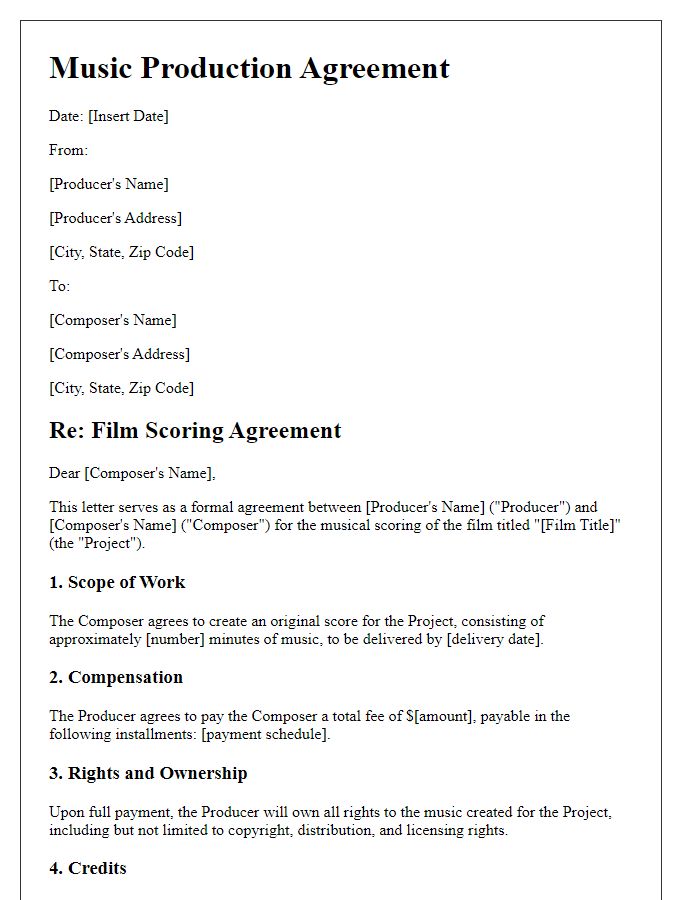 Letter template of music production agreement for film scoring.