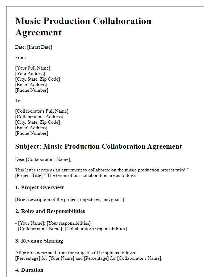 Letter template of music production collaboration agreement.