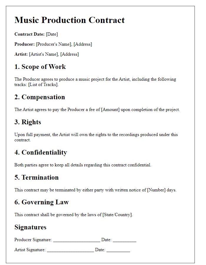 Letter template of music production contract for independent artists.