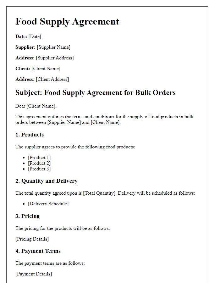 Letter template of food supply agreement for bulk orders