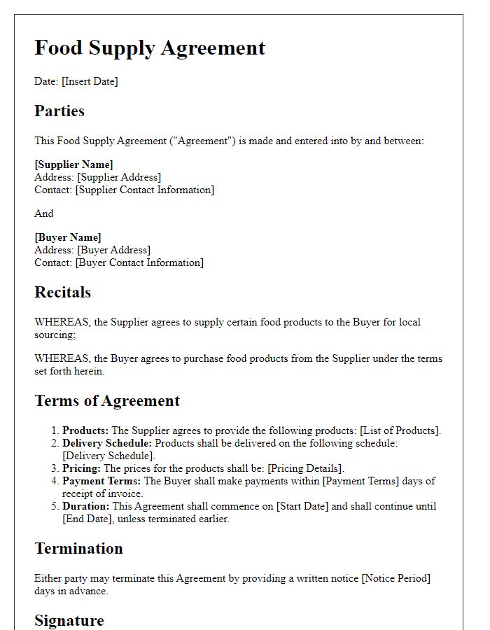 Letter template of food supply agreement for local sourcing