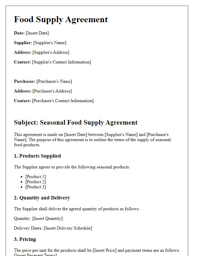 Letter template of food supply agreement for seasonal products