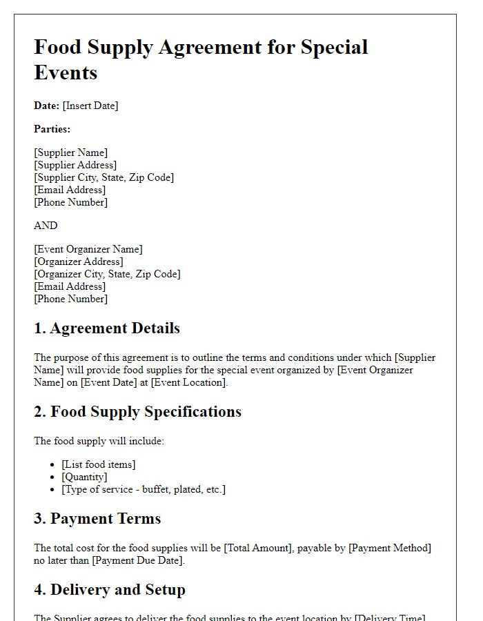 Letter template of food supply agreement for special events