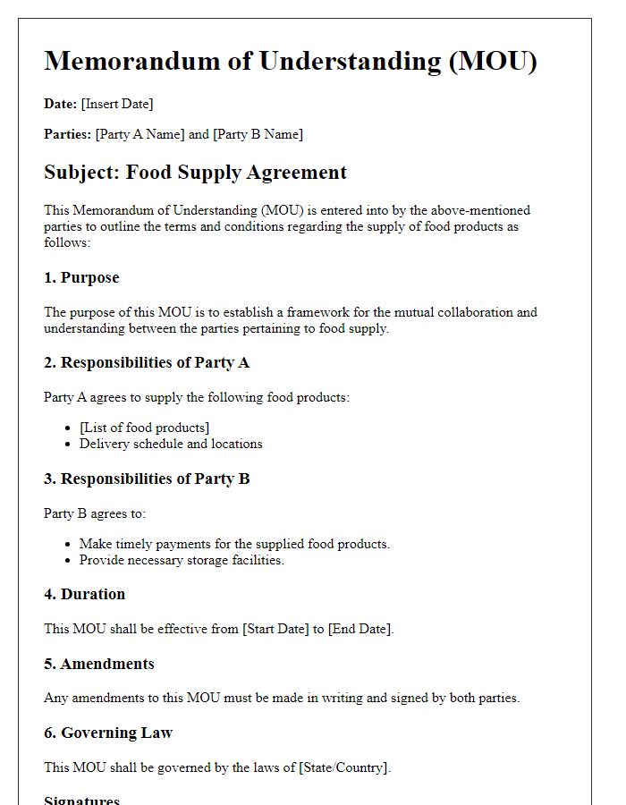 Letter template of food supply memorandum of understanding