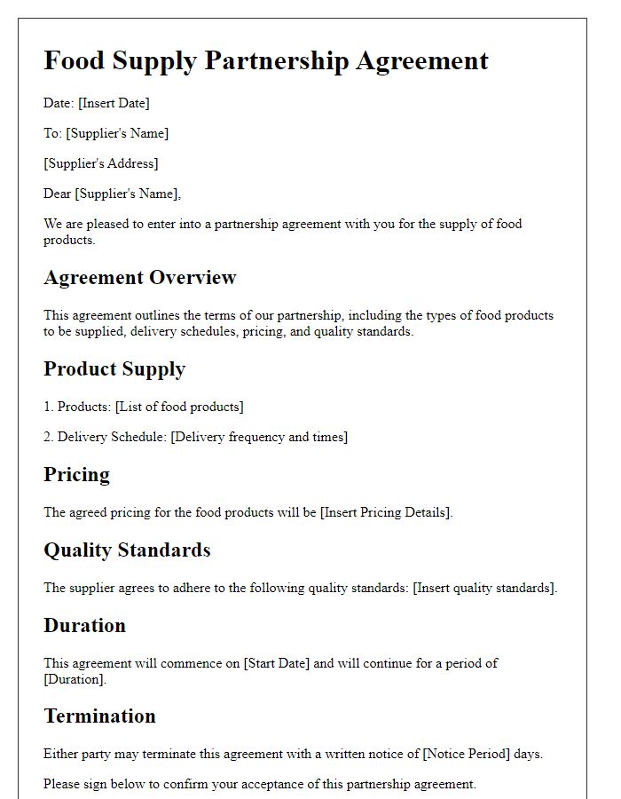 Letter template of food supply partnership agreement