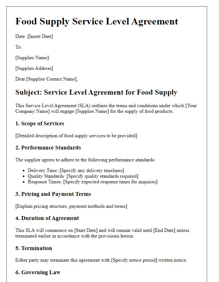 Letter template of food supply service level agreement