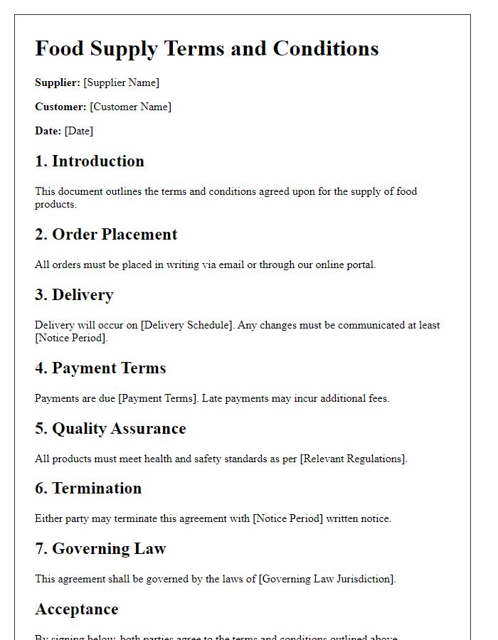 Letter template of food supply terms and conditions