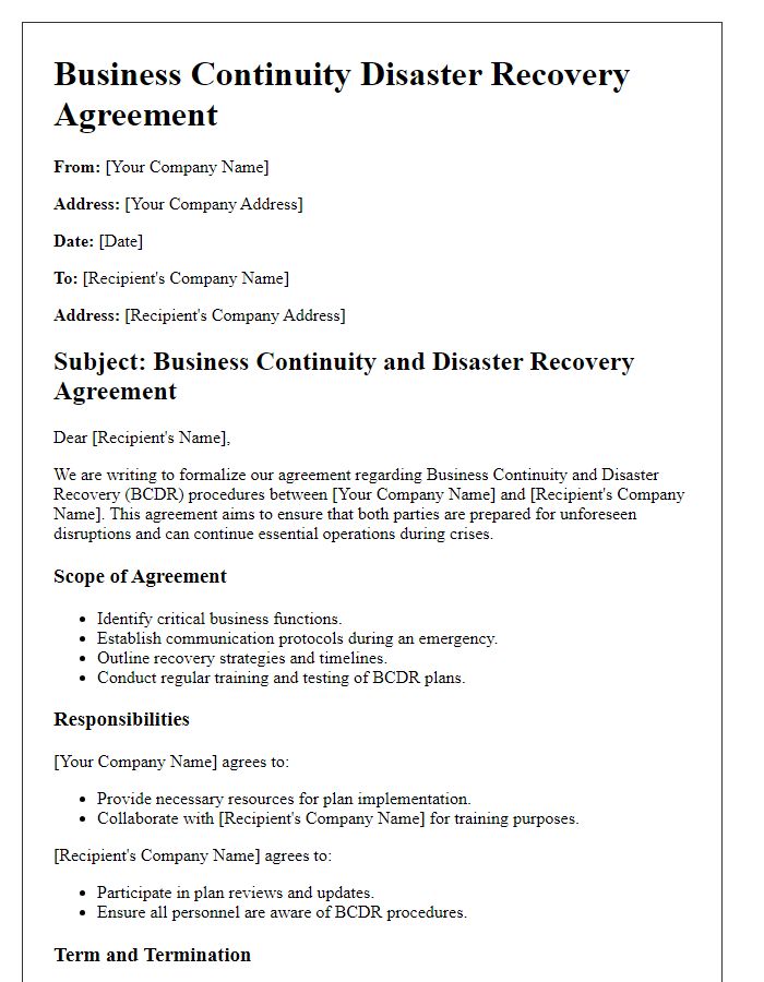 Letter template of Business Continuity Disaster Recovery Agreement