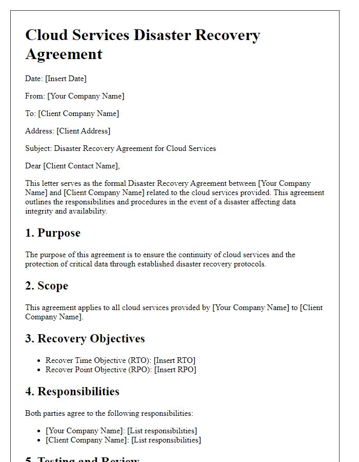 Letter template of Cloud Services Disaster Recovery Agreement