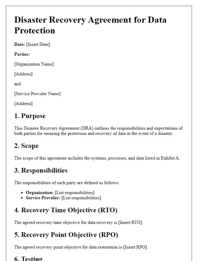 Letter template of Disaster Recovery Agreement for Data Protection