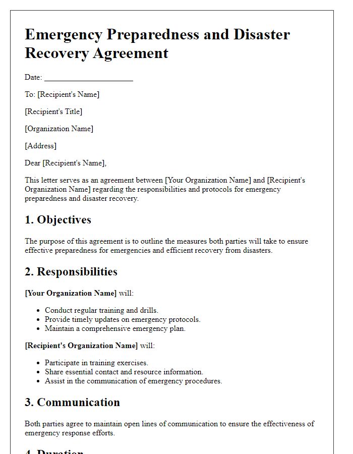 Letter template of Emergency Preparedness and Disaster Recovery Agreement