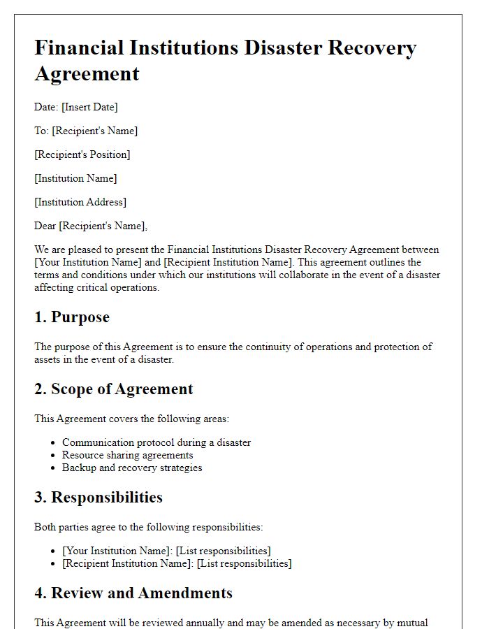 Letter template of Financial Institutions Disaster Recovery Agreement