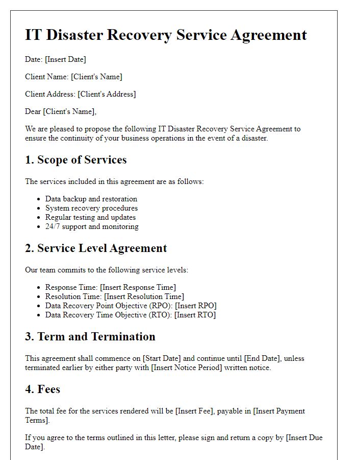 Letter template of IT Disaster Recovery Service Agreement