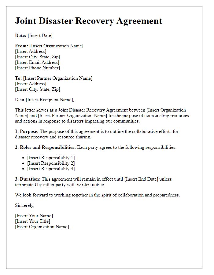 Letter template of Joint Disaster Recovery Agreement