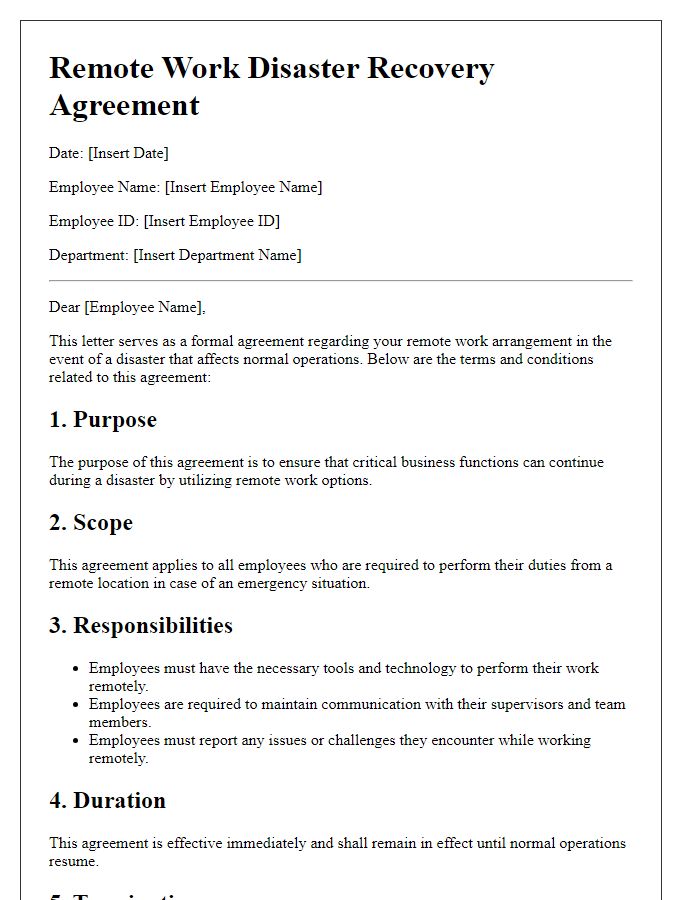 Letter template of Remote Work Disaster Recovery Agreement