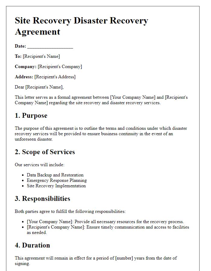 Letter template of Site Recovery Disaster Recovery Agreement