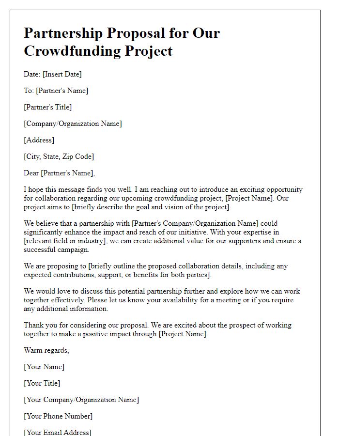 Letter template of crowdfunding project partnership.