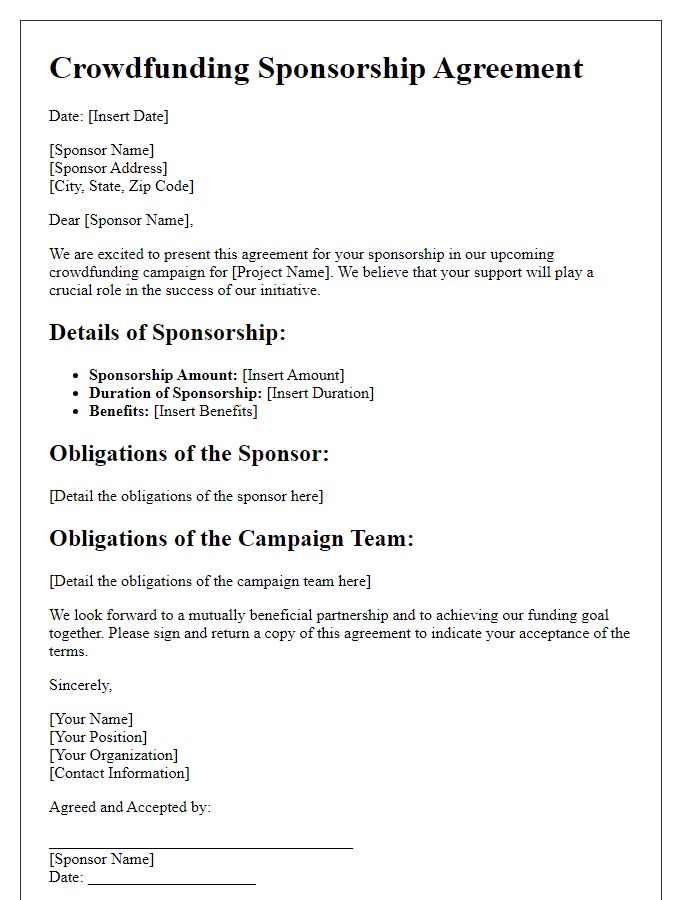 Letter template of crowdfunding sponsorship agreement.