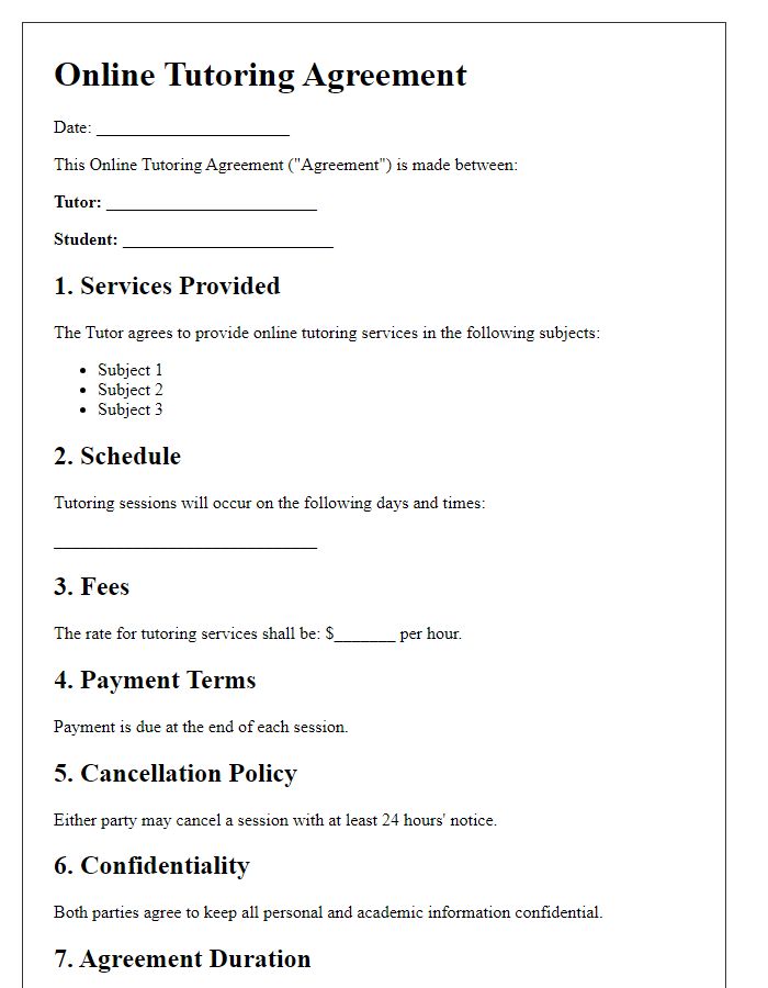 Letter template of Online Tutoring Agreement for Academic Courses