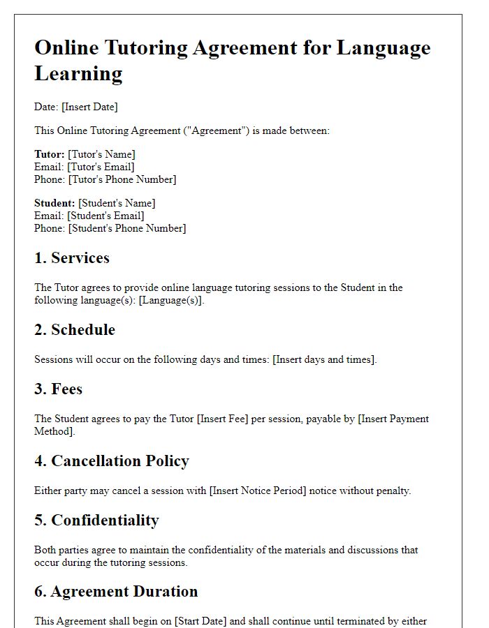 Letter template of Online Tutoring Agreement for Language Learning