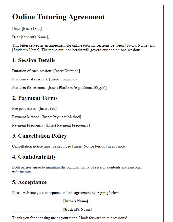 Letter template of Online Tutoring Agreement for One-on-One Sessions