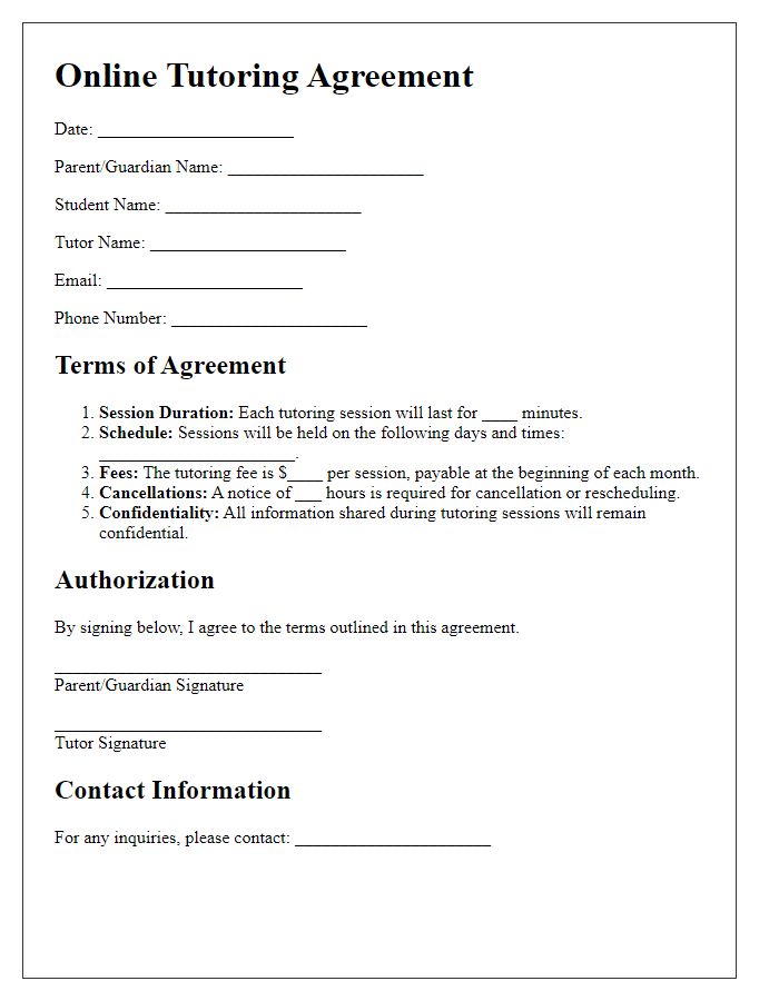 Letter template of Online Tutoring Agreement for Parents