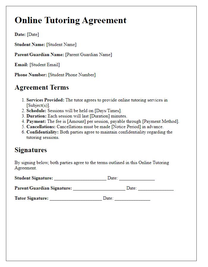 Letter template of Online Tutoring Agreement for Students