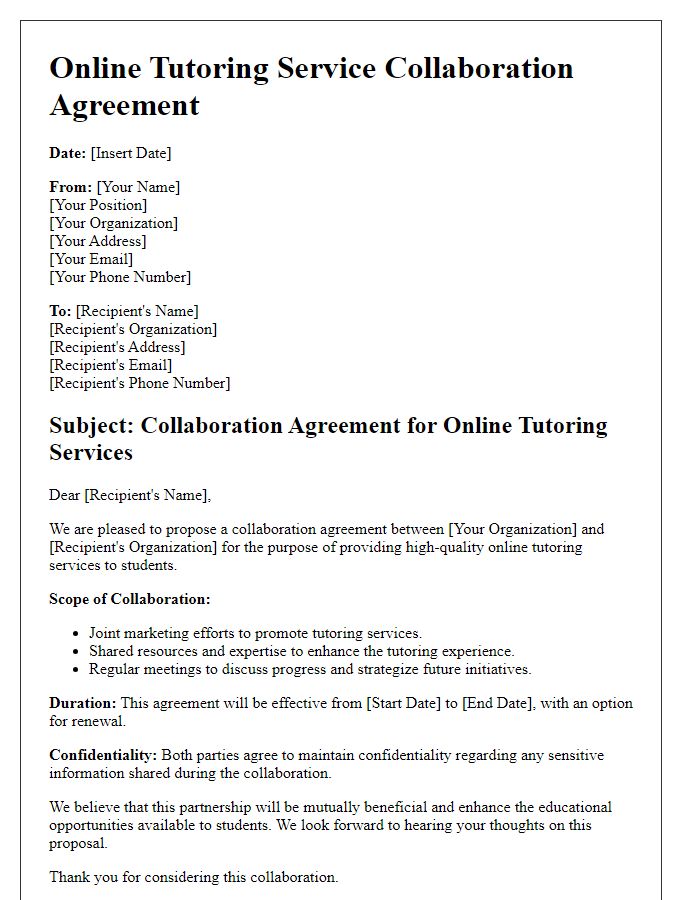 Letter template of Online Tutoring Service Collaboration Agreement