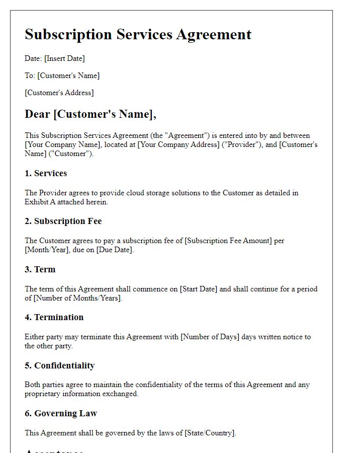 Letter template of Subscription Services Agreement for Cloud Storage Solutions