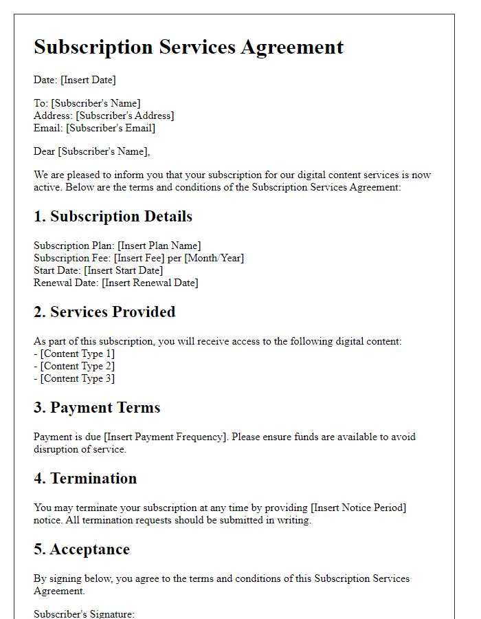 Letter template of Subscription Services Agreement for Digital Content