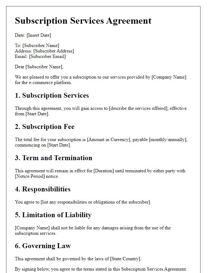 Letter template of Subscription Services Agreement for E-commerce Platforms