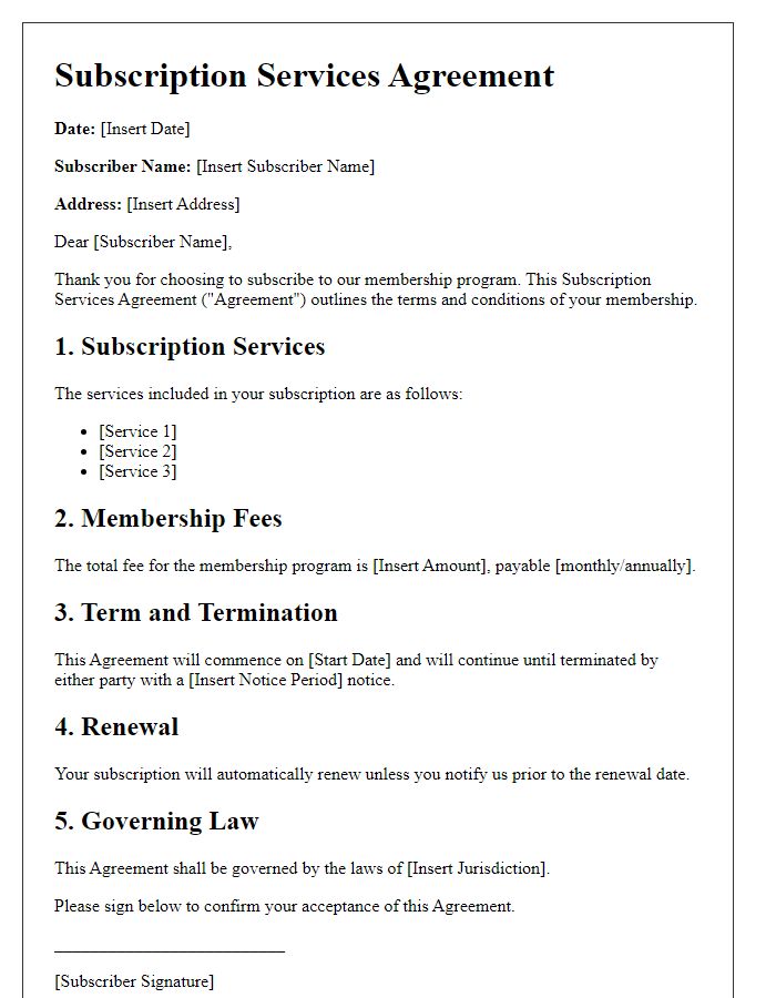 Letter template of Subscription Services Agreement for Membership Programs