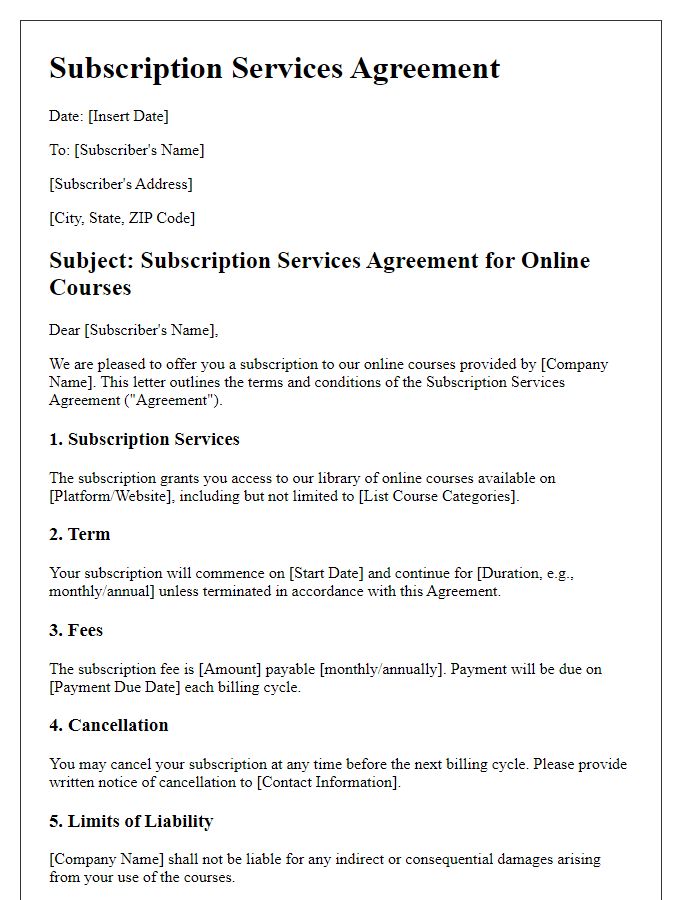 Letter template of Subscription Services Agreement for Online Courses