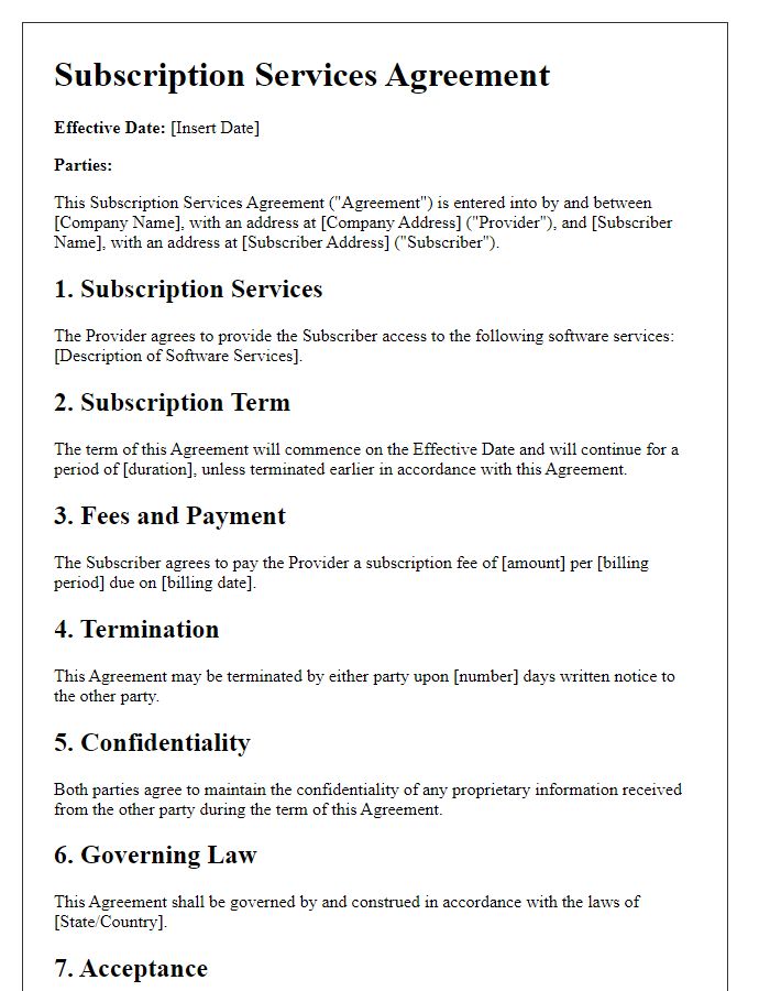 Letter template of Subscription Services Agreement for Software Access